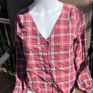 Madewell (Anthropology) Plaid Button-Down Shirt - Red and White. Size XXS.